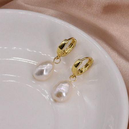Gold Huggie Hoops with Baroque Pearl Drops